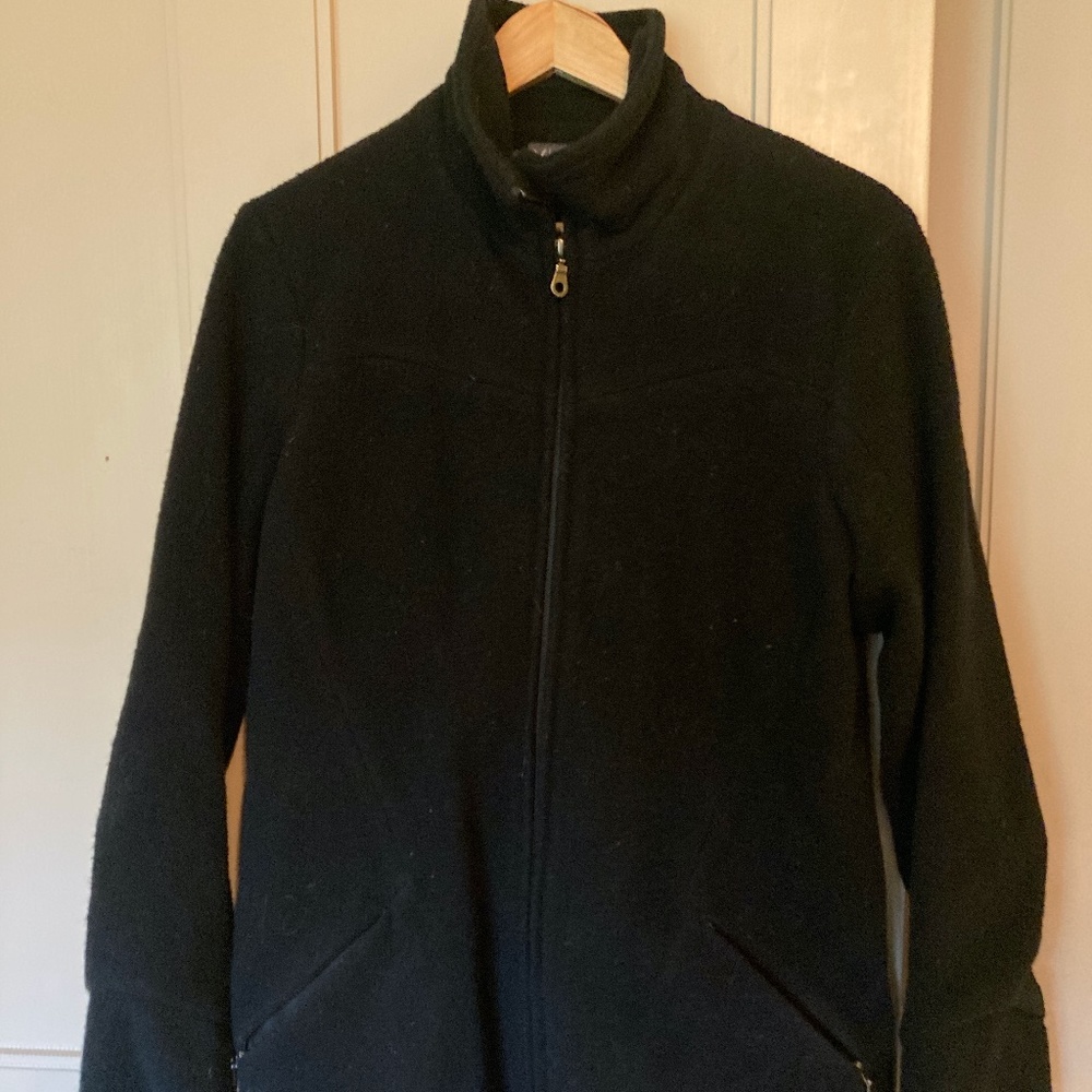 USA-made 100% merino wool jacket, silk lining, black, L, embroidered detail